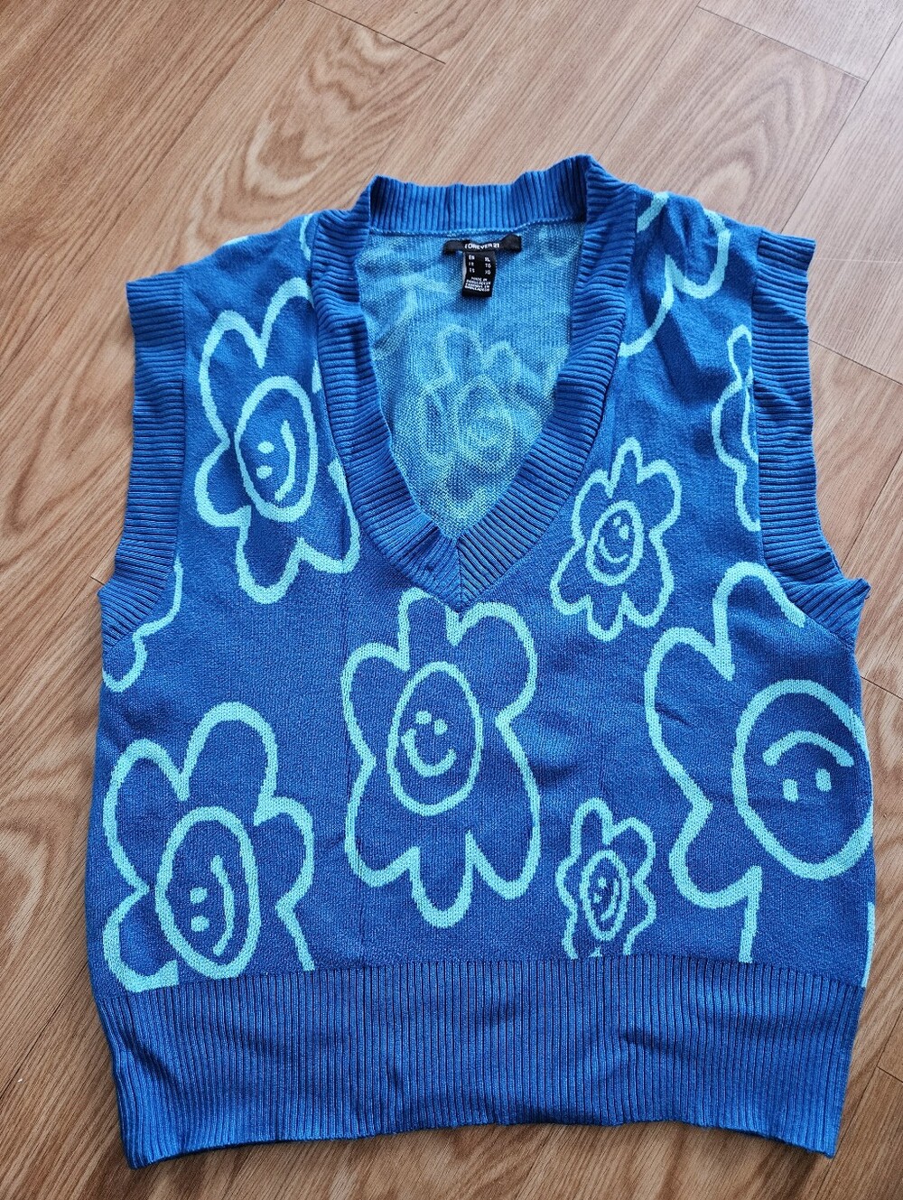 Forever 21 Blue Floral Smiley V-Neck Sweater Vest